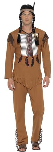 Smiffys Indianer-Krieger-Kostüm von amerikanischen Ureinwohnnern inspiriert, braun mit Oberteil Hose Kopfschmuck