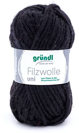 Gründl Filzwolle uni (Wolle zum Filzen, Stricken und Häkeln, Garn aus 100% Schurwolle, 50 g / 50 m, Nadelstärke: 8-9, 1 x 50 g), Schwarz