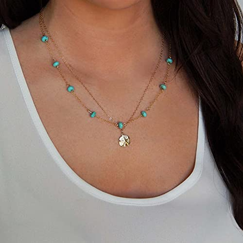 Yheakne Boho Geschichtete Münze Türkis Halskette Gold Gehämmerte Münze Disc Anhänger Halskette Vintage Halskette Kette Schmuck für Frauen und Mädchen