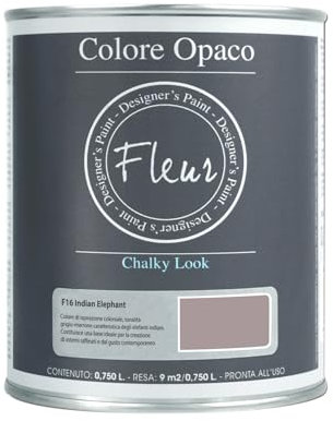 FLEUR DESIGNER'S PAINT | Pittura Chalk Paint Opaca, 750 ml, Senza Carteggiare, Multisuperficie, Colore F16 Indian Elephant, Effetto Gesso, Per Pareti e Mobili, Extra Opaco, Ad Acqua, Made in Italy