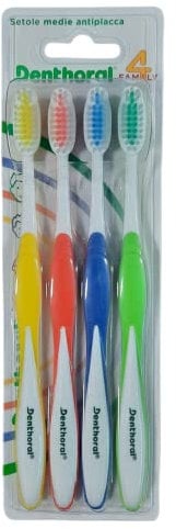 Denthoral, Spazzolini 4 Family, Spazzolini Denti con Manico Ergonomico e Setole Medie con Punte Arrotondate per una Corretta Rimozione della Placca, Confezione da 4 Spazzolini in Formato Famiglia