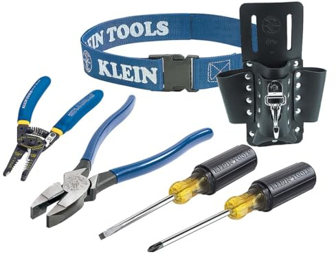 Klein Tools 80006 Trimmwerkzeug-Set mit kleinen Werkzeugen, Handwerkzeugen und einer 4-Taschen-Leder-Werkzeugtasche, 6-teilig