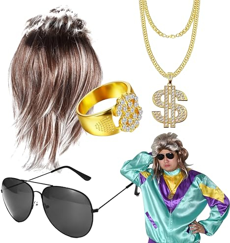 TK Gruppe Timo Klingler 4 in 1 Vokuhila Set mit Assi Perücke, Goldkette, Brille - für Fasching & Karneval für 80er 90er Kostüm
