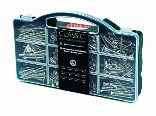 TIMCO Classic Multi-Purpose Screws - Mixed Tray - PZ - Double Countersunk - A2 Stainless Steel - 895pc - Ideal where ultimate corrosion resistance is required when fixing to Wood substrates