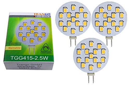 Trango 3er Pack G415-2.5 LED Leuchtmittel G4 Fassung zum Austausch G4 MR16 Halogen Leuchtmittel 12Volt AC/DC - 2.5 Watt 250 Lumen 3000K warmweiß Möbel Einbaustrahler, Einbauleuchte, Deckenleuchte