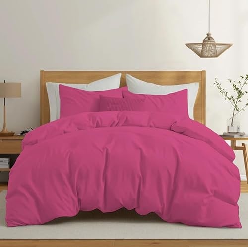 Rohi Easy Care plain King Size Duvet Cover set – Soft & Breathable Fuchsia Pink Bedding Set – Button Closure – Anti Allergy Quilt Cover Set with Pillowcases (King, Fuchsia)