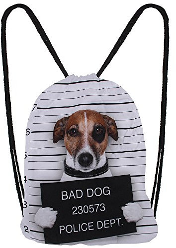 Hanessa Jutebeutel mit Hund im Knast Tier Aufdruck Sportbeutel Tüte Rucksack Beutel Tasche Gym Bag Gymsack Hipster Fashion Sport-Tasche Einkaufs-Tasche Weiß