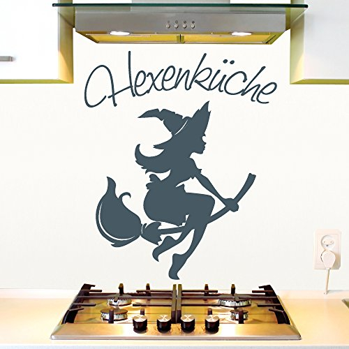 Wandtattoo Loft Wandaufkleber „Hexenküche“ Hexe auf Besen mit Schriftzug – Wandtattoo für die Küche / 30 Farben / 3 Größen zur Auswahl