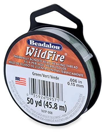 Beadalon Wildfire .006-inch 50 yard Beading Thread, Green | Polyester, Braided thread, Break Strength 10 lb / 4.5 kg, Thermally bonded coating, Seed beads & bead looms, Jewelry making