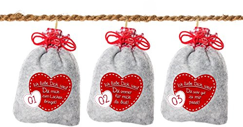24 Adventskalender Säckchen aus Filz mit 24 Gründen ICH LIEBE DICH, WEIL ... inkl. Schnur (für Erwachsene Männer und Frauen geeignet) für Weihnachtskalender/Adventskalender zum Befüllen