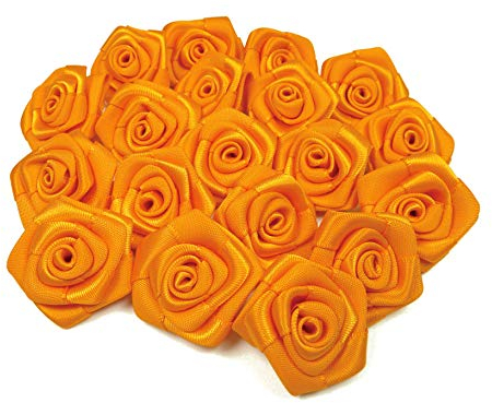 Rosen 3 cm x 10 Stück Satinrosen Aufnäher Deko Blumen Röschen zum Basteln Hochzeit kleine Rosenköpfe Farbe: Orange 668