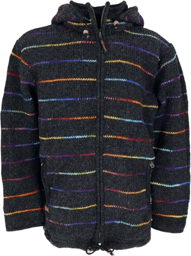 GURU SHOP Kuschelige gefütterte Strickjacke aus Schafwolle, Unisex | Fleece gefüttert, abnehmbare Kapuze, geräumige Taschen, fair gehandelt in Nepal