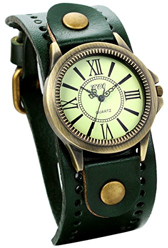 JewelryWe Damen Armbanduhr Vintage Casual Analog Quarz Leder Band Uhr mit römischen Ziffern Zifferblatt Dunkelgrün