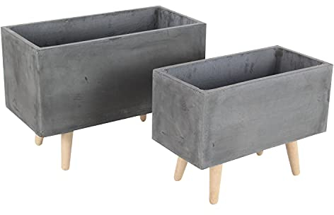 Deco 79 Pot de Fleurs, Argile, Fibre de Verre, hêtre, Gris foncé, S/2 43,2 cm, 53,3 cm de Large