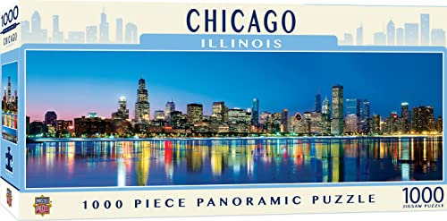 MasterPieces Chicago Puzzle 1000 Piece Panoramic Skyline Jigsaw - Windy City Landmark Artwork with Lake Michigan, Willis Tower, Random Cut Pieces, Matte Finish, 13 x 39 Display Collectible