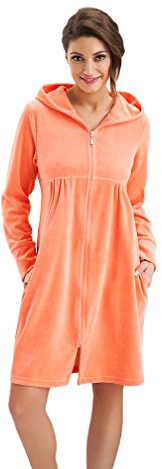 DOROTA kuscheliger und moderner Damen Baumwoll-Bademantel mit Taschen, Reißverschluss & Kapuze, made in EU, koralle, Gr. L