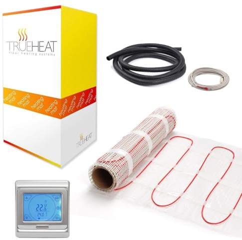 Electric Underfloor Heating Mat Kit for Tile or Stone Floors 200W/m2-12m2 with Silver Touchscreen Programmable Thermostat