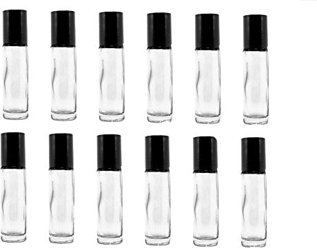 0.33oz / 10ml Empty Refillable Glass Roll On Bottles with Black Cap Perfect for Aromatherapy Perfumes Essential Oils Lip Gloss and More (Pack of 12)