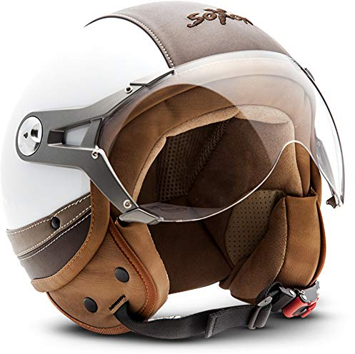 Soxon® SP-325 Urban „White“ · Jet-Helm · Motorrad-Helm Roller-Helm Scooter-Helm Moped Mofa-Helm Chopper Retro Vespa Vintage Pilot · ECE 22.05 Visier Leather-Design Schnellverschluss Tasche S (55-56cm)