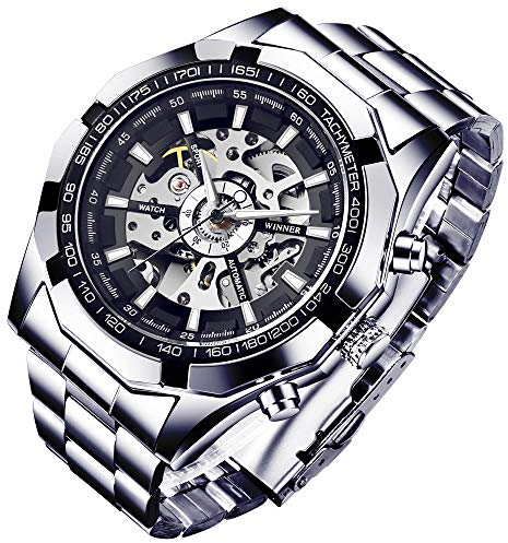 Gute Armbanduhr für Herren,mechanische Skelett-Uhr aus Edelstahl,Automatischer Selbstaufzug, Steampunk-Armbanduhr mit X-Zifferblatt a
