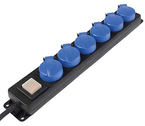 as - Schwabe - Regleta de distribución de 6 vías, enchufe múltiple con cable de 1,5 m, toma múltiple con tapa abatible, interruptor y montaje en pared 230V, 16A, IP44, negro, 38606