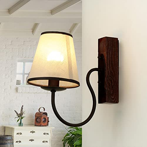 Licht-Erlebnisse Wandlampe Vintage CARIN in Braun Beige Shabby Holz Stoffschirm E14 blendarme Wandleuchte Schlafzimmer Bett