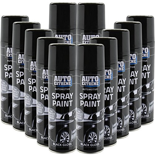 All Purpose Automotive Spray Paint 250ml Can Black Gloss Finish Aerosol Metal Interior Exterior Fast Dry Excellent Coverage Adhesion - 12Pack