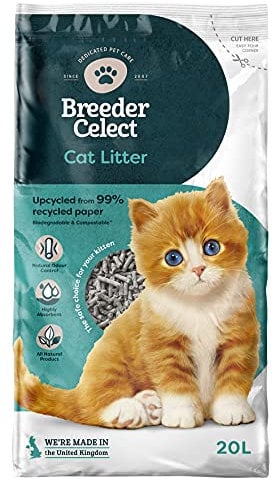 Breeder Celect Natural Cat Litter (20L) - 99 percent Recycled Paper, Absorbent Cat Litter Pellets, Optimal Odor Control, Non-Clumping, Biodegradable & Compostable - Made in UK