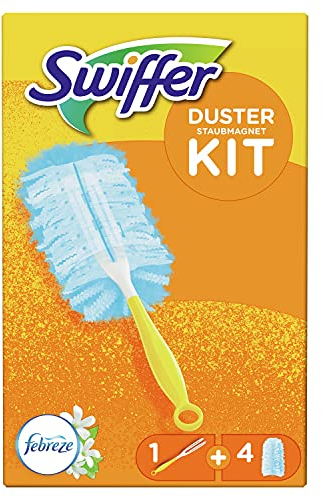 Swiffer Duster Kit de Dépoussiérage, 1 Plumeau + 4 Recharges, Parfum Febreze, Plumeau Attrape-Poussière
