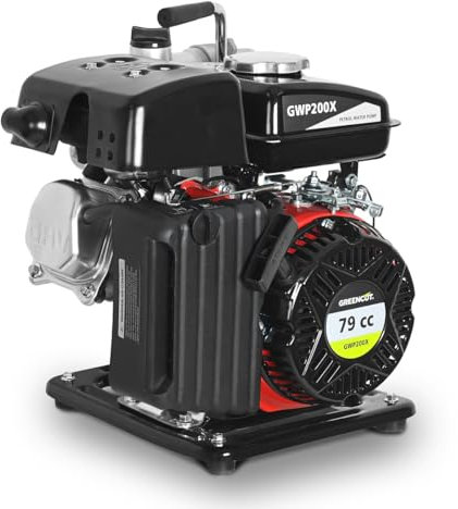 GREENCUT GWP200X - Motobomba de agua 79cc (2,6CV), caudal 12.000 l/h, altura de succión 6 m, impulsión 18 m, ideal para riego, drenaje y llenado de depósitos