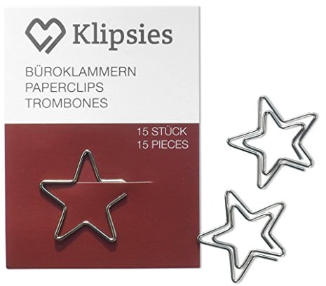 KLIPSIES Stern (Design wählbar) 15 Deko Büroklammern Motiv Heftklammern 1x15 Stück Silber
