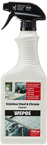 Wepos Edelstahl & Chrom Reiniger 750ml | für Innen und Außen | Löst hartnäckige Verschmutzungen und fettige Ablagerungen | Löst Schmutz, Öl, Fette und Fingerspuren