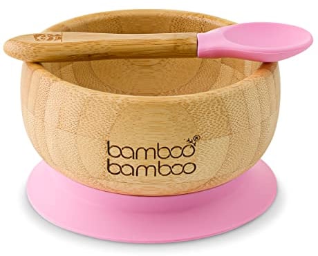 bamboo bamboo Ensemble Bols de Sevrage et Cuillères pour Bébés Avec Anneau d’aspiration en Silicone, Bols pour Tout-petits avec Cuillère pour Bébés à partir de 6 mois (Rose)