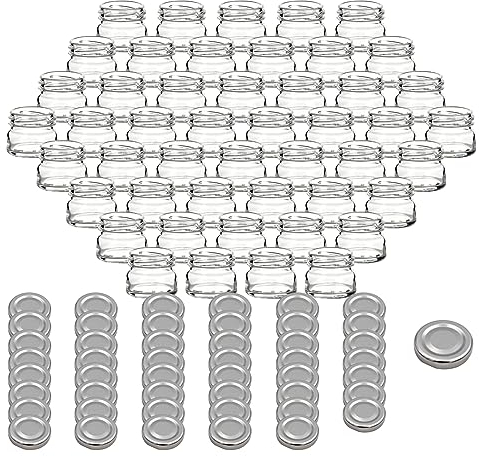 gouveo 48er Set Einmachgläser 30 ml Mini mit Schraubdeckel silberfarben - Mini Vorratsgläser mit Drehverschluss TO43 - Runde Gläschen zum Einwecken, für Marmelade, Gewürze (EGR030S)