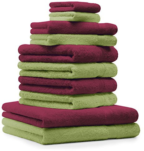 Betz 10-TLG. Handtuch-Set Classic 100% Baumwolle 2 Duschtücher 4 Handtücher 2 Gästetücher 2 Seiftücher Farbe dunkelrot und apfelgrün