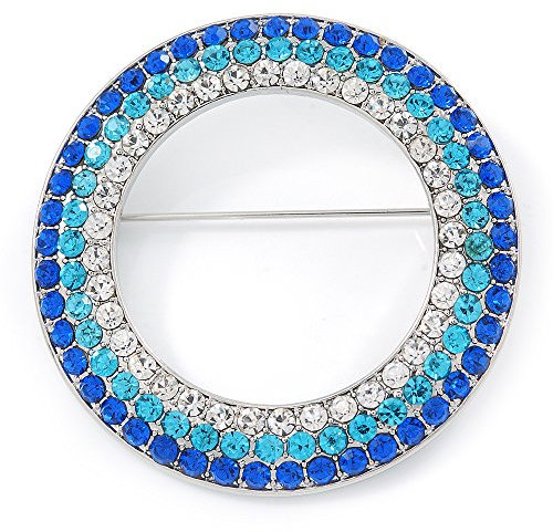 Broche circulaire en plaqué rhodium avec cristaux autrichiens Bleu/turquoise/transparent 50 mm