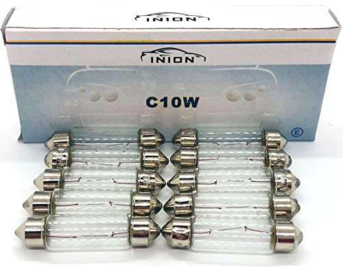 10 Stück - C10W - 41mm - 12V - 10W - KFZ Beleuchtung - LONGLIFE - Glühlampe, Glassockellampe, Glühbirne, Soffitte, Autolampen WERKSTATTWARE. Mit E-Prüfzeichen und ist für den Straßenverkehr zugelassen
