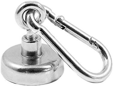 Magnetastico® | Neodym N35 Ösenmagnet mit Karabiner 25 mm Ø | Haltekraft 22 Kilogramm | Starker Neodym Karabinerhaken-Topfmagnet mit Öse bzw. Ringschraube verzinkt