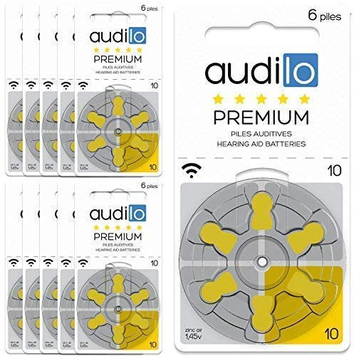 Audilo – Batterie Premium per Apparecchi Acustici 10 (PR70) – Senza mercurio/Tecnologia zinco aria / 1.45 Volt – Pacco contenente 60 batterie (10 blister da 6 pile) – Modello 10 Giallo