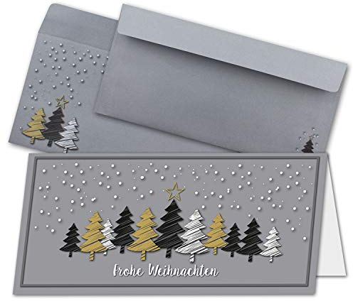 50x Weihnachtskarten-Set DIN Lang in Grau mit Weihnachtsbäumen in Scratch-Optik - Faltkarten mit passenden Umschlägen DIN Lang - Weihnachtsgrüße für Firmen und Privat