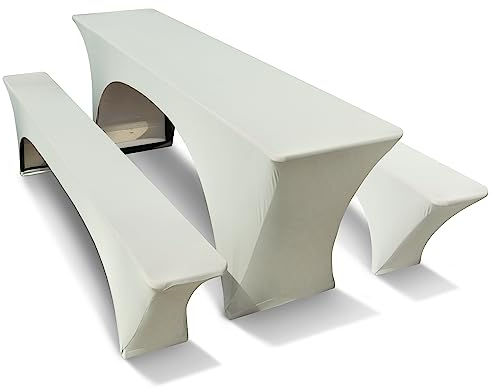 TEXMAXX® Stretch Bierzeltgarnitur 3-teiliges Set - 70 cm x 220 cm in Creme / 2 Bierbank & Biertisch Auflagen für Biertisch und Bierbank
