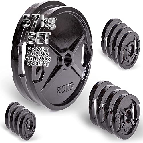 C.P. Sports Olympiascheiben guss Set 30 KG, 57 KG und 87 KG Hantelscheiben 50mm Hantelscheibe, Bumper Plates, Gewichte Hantel Set (57 KG - 2X 20kg + 4X 2,5kg + 4X 1,25 kg + 4X 0,5 kg)