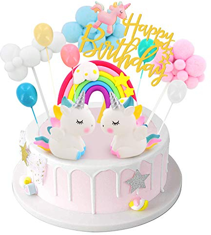 DUOUPA Tortendeko Einhorn Geburtstag Kuchen Regenbogen Happy Birthday Girlande Luftballon Wolke Kuchen Topper für Kinder Mädchen Junge