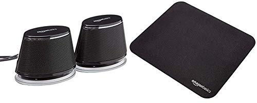 Amazon Basics - PC-Lautsprecher mit dynamischem Sound, USB-Betrieb, Schwarz, 1 Paar & Gaming-Mauspad