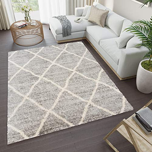 TAPISO Versay Teppich Shaggy Hochflor Langflor Grau Creme Geometrisch Modern Karo Gitter Vierecke Design Wohnzimmer Schlafzimmer ÖKOTEX 160 x 230 cm