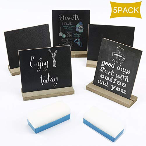 KINDPMA 5pcs Mini Tafel Set Kreidetafeln Klein Dekotafel zum Beschriften Holztafel Kreidetafeln Vintage Memotafel mit ständer Holz Tischtafel für Hochzeit Landhaus Buffet Party Deko Vintage Tischdeko