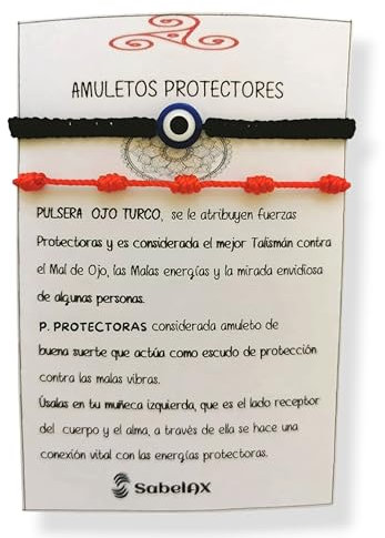 SabelAX Braccialetto rosso con 7 nodi e braccialetto occhio turco, filo rosso, portafortuna e protezione malocchio, per donna, uomo e per coppie, bracciale Kabbalah, 2 pezzi e Filo, cod. 003