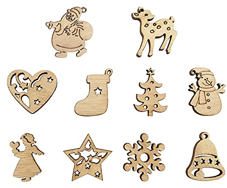 Neikafan Dofu 100 Pcs Wooden Pendant Heart Slices Christmas Hanging Ornaments Tree Decorations for DIY Crafts Invitation Card Gift Tags (10 Styles)