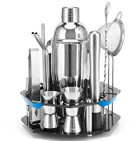 21-teiliges Cocktail-Set | Cocktail Shaker Set mit drehbarem Ständer | Shaker aus langlebigem Edelstahl mit Zubehör | inklusive schwarzer stilvoller Geschenkbox | Bar Set(Silber)