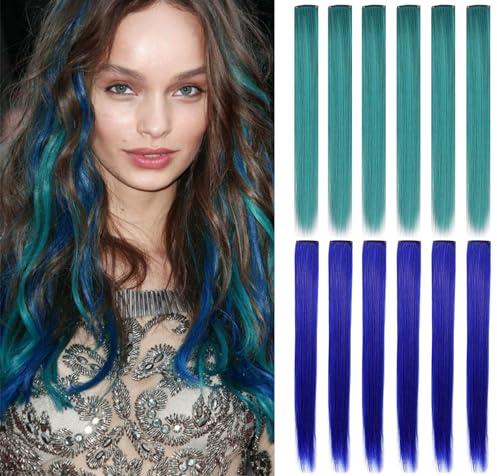 SHKJCHP Farbige Haarverlängerungen Clip In für Mädchen 21 Zoll Bunte Gerade Haarverlängerungen für Party Highlights Haar Zubehör Haarteile für Frauen 12PSC (Blau,Dunkeltürkis)